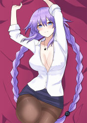 Rule 34 | 1girl, alternate costume, blouse, blue eyes, blush, braid, breasts, cleavage, highres, large breasts, long hair, looking at viewer, navel, neptune (series), open clothes, open shirt, pantyhose, purple hair, purple heart (neptunia), shirt, skirt, solo, twin braids, zatsu
