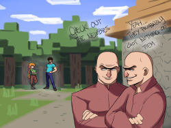 Rule 34 | 1girl, 3boys, alex (minecraft), bald, beard, big nose, blouse, blue shirt, boots, breasts, crossed arms, denim, english text, facial hair, green shirt, hands on own hips, highres, house, jeans, large breasts, long sleeves, minecraft, multiple boys, orange hair, pants, shirt, shoes, short sleeves, steve (minecraft), tina fate, tree, villager (minecraft)