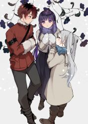 Rule 34 | 1boy, 2girls, absurdres, black hair, black pantyhose, blue flower, blue hair, blue scarf, blunt bangs, blush, boots, coat, earrings, english text, facing another, fern (sousou no frieren), flower, frieren, full body, grey hair, hair between eyes, hana (h6n6 matsu), highres, jewelry, long coat, long hair, long sleeves, looking at another, looking at viewer, multicolored hair, multiple girls, own hands together, pantyhose, parted lips, pointy ears, purple eyes, purple hair, purple scarf, red hair, scarf, short hair, sketch, skirt, sousou no frieren, standing, stark (sousou no frieren), twintails, two-tone hair, white background, winter clothes, winter coat