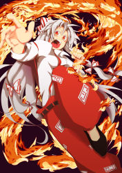 Rule 34 | 1girl, bad id, bad pixiv id, chorin, female focus, fire, fujiwara no mokou, highres, open mouth, outstretched hand, pants, solo, touhou