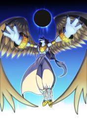 Rule 34 | 1boy, animal ears, anubimon, artist request, aura, black hair, bracelet, claws, digimon, digimon (creature), eclipse, egyptian, egyptian clothes, flying, full body, furry, jewelry, long hair, looking at viewer, very long hair, wings