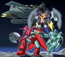 Rule 34 | axe, beam rifle, char&#039;s counterattack, clenched hand, clenched hands, commission, crossover, energy gun, firing, flying, getter dragon, getter robo, gun, gundam, highres, holding, holding axe, holding gun, holding shield, holding weapon, ichinana (mazinger), jegan, kin-san (sasuraiga), mazinger (series), mazinger z, mazinger z: infinity, mecha, multiple crossover, robot, science fiction, shield, shin getter robo, skeb commission, spacecraft, super robot, super robot wars, super robot wars 30, thrusters, victory gundam, visor, weapon
