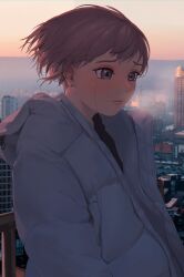 Rule 34 | 1girl, absurdres, blush, breath, brown hair, bypos, cityscape, crying, crying with eyes open, grey eyes, highres, hood, hooded jacket, jacket, original, outdoors, short hair, solo, tears, twilight, upper body