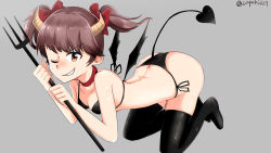 Rule 34 | 10s, 1girl, alisa (girls und panzer), ass, bad id, bad pixiv id, black panties, blush, boots, breasts, brown eyes, brown hair, butt crack, capoki, choker, demon girl, demon horns, demon tail, demon wings, dimples of venus, freckles, girls und panzer, hair ornament, hair ribbon, highres, horns, one eye closed, panties, pitchfork, polearm, ribbon, sharp teeth, simple background, small breasts, smile, solo, tail, teeth, thigh boots, thighhighs, thong, trident, underwear, weapon, wings