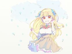 Rule 34 | 1girl, blonde hair, blue bow, blush, bow, bowtie, breasts, brown skirt, cowboy shot, enkyo yuuichirou, flower request, hair bow, hands up, high-waist skirt, highres, large breasts, light blush, looking at viewer, red bow, red bowtie, red eyes, shirt, short sleeves, skirt, smile, solo, suspender skirt, suspenders, tokyo 7th sisters, two side up, uesugi u. kyouko, white shirt, wind, wind lift