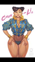 Rule 34 | 1girl, bad id, bad twitter id, bracelet, breasts, brown hair, capcom, chun-li, cleavage, cropped jacket, double bun, earrings, female focus, hair bun, hands on own hips, highres, hoop earrings, jewelry, necklace, nicki minaj, parody, real life, robaato, solo, street fighter, thick thighs, thighs, thong, udon entertainment, wide hips