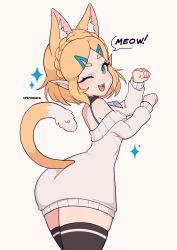 Rule 34 | 1girl, ;d, absurdres, animal ears, ass, blonde hair, braid, cat ears, cat girl, cat tail, claw pose, cremanata, extra ears, french braid, green eyes, highres, looking at viewer, meowing, nintendo, off-shoulder sweater, off shoulder, one eye closed, open mouth, pointy ears, princess zelda, short hair, smile, solo, sweater, tail, the legend of zelda, the legend of zelda: breath of the wild, the legend of zelda: tears of the kingdom, thighhighs
