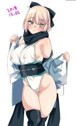 Rule 34 | 1girl, ahoge, bare shoulders, black bow, black scarf, black thighhighs, blonde hair, blush, bow, breasts, commentary request, covered erect nipples, dated, fate/grand order, fate (series), hair bow, hair ribbon, japanese clothes, karasuma yayoi, kimono, large breasts, looking at viewer, okita souji (fate), okita souji (koha-ace), ribbon, sash, scarf, short hair, short kimono, sleeveless, sleeveless kimono, solo, thighhighs, white background, white kimono, yellow eyes