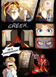 Rule 34 | 1girl, 2boys, agahnim, beard, blonde hair, blue dress, blue eyes, comic, crown, door, dress, elf, facial hair, father and daughter, highres, hood, jewelry, king, king of hyrule, laughing, lightning, long hair, magic, mask, multiple boys, necklace, nintendo, pointy ears, princess zelda, scared, sidelocks, sitting, speech bubble, the legend of zelda, the legend of zelda: a link to the past, throne, throne room, tiara, wizard