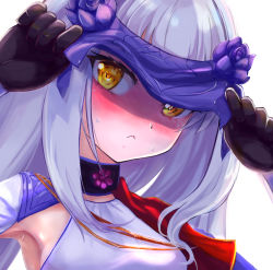 Rule 34 | 1girl, aiguillette, armpits, black gloves, blue cape, blue dress, blush, breasts, cape, closed mouth, dress, melusine (fate), melusine (second ascension) (fate), fate/grand order, fate (series), gloves, hands up, highres, long hair, long sleeves, looking at viewer, moral-steel, sidelocks, small breasts, solo, veil, white hair, yellow eyes