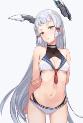 Rule 34 | 1girl, arms behind back, bikini, blunt bangs, breasts, brown eyes, cleavage, collarbone, commentary request, cowboy shot, dated, grey background, hair ribbon, head tilt, headgear, kantai collection, long hair, looking at viewer, murakumo (kancolle), ribbon, rokuwata tomoe, sailor bikini, sailor collar, sidelocks, silver hair, simple background, small breasts, solo, swimsuit, tress ribbon, very long hair, white bikini