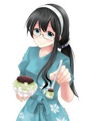 Rule 34 | 1girl, alternate costume, black hair, blue dress, commentary request, dated, dessert, dress, floral print, food, green eyes, hairband, highres, incoming food, kantai collection, kuroneko86, long hair, looking at viewer, low ponytail, one-hour drawing challenge, ooyodo (kancolle), ponytail, shaved ice, simple background, smile, solo, spoon, white background, white hair