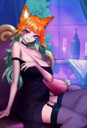 Rule 34 | animal ears, bottle, breasts, cat ears, choker, couch, dress, fangs, feathers, halloween, highres, hololive, hololive english, large breasts, looking at viewer, multicolored hair, night, orange hair, purple eyes, smile, solo, takanashi kiara, thighhighs, unstableboiler, vampire, virtual youtuber, window