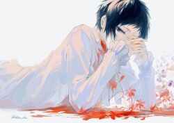 Rule 34 | 1boy, akutagawa ryuunosuke (bungou stray dogs), ascot, black eyes, black hair, blood, blood on clothes, bungou stray dogs, collared shirt, flower, hands up, hiba riko, highres, looking at viewer, lying, male focus, multicolored hair, on stomach, own hands together, red flower, shirt, short hair, simple background, solo, two-tone hair, white ascot, white background, white hair, white shirt