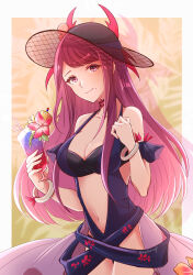 Rule 34 | 1girl, alternate costume, bare shoulders, black hat, bracelet, breasts, cleavage, closed mouth, cocktail glass, cup, drink, drinking glass, drinking straw, female focus, fire emblem, fire emblem engage, fire emblem heroes, flower, hat, highres, holding, holding cup, ivy (fire emblem), ivy (summer) (fire emblem), jewelry, long hair, looking at viewer, matching hair/eyes, medium breasts, mole, mole under mouth, navel, nintendo, official alternate costume, purple eyes, purple hair, solo, swimsuit, tropical drink, yutohiroya