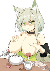 Rule 34 | 1girl, ^^^, absurdres, angry, animal ear fluff, animal ears, arknights, blunt bangs, bob cut, grabbing another&#039;s breast, breasts, breasts squeezed together, collar, cup, fox ears, frown, glaring, grabbing, grabbing own breast, green eyes, highres, kal&#039;tsit (arknights), lactating into container, lactation, large breasts, looking at viewer, medium hair, milk, nipples, off-shoulder jacket, off shoulder, saluky, sidelocks, silver hair, solo, teacup, teapot