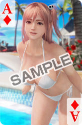 Rule 34 | 1girl, 3d, bikini, breasts, dead or alive, dead or alive 5, dead or alive xtreme 3 fortune, dead or alive xtreme beach volleyball, honoka (doa), large breasts, official art, outdoors, pink hair, pool, sky, solo, swimsuit, water