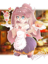 Rule 34 | 1girl, alien, animal ears, apron, artist name, black skirt, blue eyes, brown hair, drinking straw, food, french fries, furry, furry female, heart, holding, holding tray, ice cream, lop (star wars), maid, maid apron, open mouth, ponytail, rabbit ears, rabbit girl, skirt, smile, smoothpen, solo, star wars, star wars: visions, sundae, thighhighs, tray