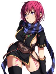 Rule 34 | 1girl, :o, breasts, corset, gloves, gluteal fold, hand on own ass, highres, looking to the side, nagioka, nel zelpher, purple eyes, red hair, scarf, short hair, sideboob, skindentation, solo, star ocean, star ocean till the end of time, tattoo, thighhighs