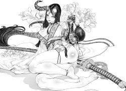 Rule 34 | 1girl, ass, barefoot, breasts, broken horn, flower, gauntlets, greyscale, highres, horns, japanese clothes, jeffr, large breasts, legs, monochrome, original, scabbard, sheath, single horn, solo, sword, weapon, white background