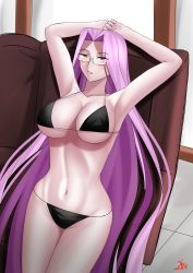 Rule 34 | 1girl, absurdres, armpits, arms behind head, arms up, bare shoulders, bikini, black bikini, breasts, cleavage, collarbone, fate/stay night, fate (series), forehead, glasses, highres, large breasts, long hair, looking at viewer, matching hair/eyes, medusa (fate), medusa (rider) (fate), midriff, navel, parted bangs, purple eyes, purple hair, sidelocks, solo, swimsuit, thighs, underboob, very long hair, zinfian