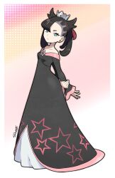 Rule 34 | 1girl, absurdres, arms behind back, asymmetrical bangs, black dress, border, commentary, commission, creatures (company), crown, dress, english commentary, eyelashes, full body, game freak, green eyes, highres, long dress, looking at viewer, marnie (pokemon), medium hair, nintendo, off-shoulder dress, off shoulder, pokemon, pokemon swsh, print dress, siczak, solo, standing, star (symbol), star print, white border