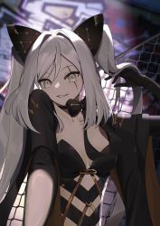 Rule 34 | 1girl, absurdres, alchemy stars, arm up, asymmetrical clothes, black gloves, blurry, blurry background, bow, breasts, choker, cleavage, clothing cutout, collarbone, depth of field, gloves, grey eyes, grey hair, grin, highres, long hair, looking at viewer, pili 0, ribbon choker, scar, scar across eye, shrug (clothing), sidelocks, slit pupils, small breasts, smile, smokey (alchemy stars), smokey (imprisonment of greed) (alchemy stars), solo, twintails, upper body, wire fence