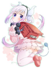 Rule 34 | 10s, 1girl, ass, backpack, bag, beads, black hairband, blue eyes, blunt bangs, blush, bow, capelet, dragon girl, dragon horns, dragon tail, dress, hair beads, hair bow, hair ornament, hairband, horns, kanna kamui, kobayashi-san chi no maidragon, long hair, long sleeves, looking at viewer, randoseru, red footwear, rougetsu, shoes, short dress, silver hair, simple background, solo, tail, thighhighs, thighs, twintails, white thighhighs, zettai ryouiki