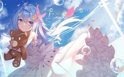Rule 34 | 1girl, bandages, bird, blue eyes, blue hair, blue sky, bow, bridal gauntlets, bubble, closed mouth, cloud, commentary request, dress, dutch angle, flower, frilled dress, frills, hair blowing, hair flower, hair ornament, highres, holding, holding stuffed toy, long hair, original, petals, power lines, ribbon, sidelocks, sky, smile, solo, stuffed animal, stuffed toy, teddy bear, wedding dress, white dress, zhongwu chahui
