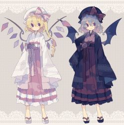 Rule 34 | 2girls, :|, alternate costume, arm at side, arms at sides, bat wings, black footwear, black headwear, black kimono, blonde hair, blue hair, blush, bow, closed mouth, commentary, crystal, eyes visible through hair, flandre scarlet, flower, geta, hair between eyes, hand on own hip, hat, hat bow, highres, japanese clothes, kimono, long hair, long sleeves, looking at viewer, mob cap, multiple girls, nikorashi-ka, obi, pink flower, pink rose, pointy ears, polka dot, polka dot background, red bow, red eyes, remilia scarlet, rose, sash, short hair, siblings, side ponytail, simple background, sisters, sleeves past fingers, sleeves past wrists, smile, standing, symbol-only commentary, touhou, v-shaped eyebrows, white footwear, white headwear, white kimono, wide sleeves, wings