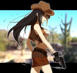 Rule 34 | 1girl, absurdres, aged down, bare arms, black hair, blurry, blurry background, breasts, cactus, cowboy hat, cowgirl (western), final fantasy, final fantasy vii, final fantasy vii remake, gloves, gun, hair between eyes, handgun, hat, highres, holding, holding gun, holding weapon, leather skirt, leather vest, letterboxed, long hair, medium breasts, midriff, miniskirt, mogu (kuromezennkainopokke), nibelheim, red eyes, shirt, skirt, solo, tifa lockhart, tifa lockhart (cowgirl), upper body, weapon, white shirt