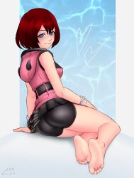 Rule 34 | 1girl, absurdres, ass, barefoot, bike shorts, black shorts, blue eyes, bracelet, breasts, cabronpr, closed mouth, dated, eyelashes, feet, from behind, full body, grey background, highres, hood, hood down, hooded jacket, jacket, jewelry, kairi (kingdom hearts), kingdom hearts, kingdom hearts iii, legs, medium breasts, medium hair, miniskirt, on ground, pink jacket, red hair, short shorts, shorts, signature, sitting, skirt, soles, solo, thighs, toes
