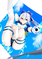 Rule 34 | 1girl, absurdres, arm behind back, ass, barefoot, blue bow, blue jacket, blue one-piece swimsuit, bow, breasts, cameltoe, commentary request, competition swimsuit, cropped jacket, energy sword, fate/grand order, fate (series), hair between eyes, hair bow, highres, holding, holding sword, holding weapon, jacket, long hair, medium breasts, multicolored clothes, multicolored swimsuit, one-piece swimsuit, open clothes, open jacket, red eyes, short sleeves, silver hair, slit pupils, smile, solo, swimsuit, sword, thigh strap, thighs, tomoe gozen (fate), tomoe gozen (swimsuit saber) (fate), tomoe gozen (swimsuit saber) (first ascension) (fate), tsubasa (2su8asa3), very long hair, weapon, white one-piece swimsuit, wristband