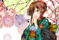 Rule 34 | 1girl, brown hair, flower, geroro, green eyes, hair flower, hair ornament, japanese clothes, kimono, obi, original, sash, solo, tsumami kanzashi