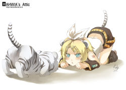 Rule 34 | 1girl, :&lt;, all fours, animal ears, anus, aqua eyes, bad id, bad pixiv id, blonde hair, chinese zodiac, eye contact, hair ornament, hair ribbon, hairclip, kagamine rin, looking at another, new year, number tattoo, pounce, rahwia, ribbon, short hair, shoulder tattoo, solo, tail, tattoo, tiger, tiger (chinese zodiac), tiger ears, tiger tail, vocaloid