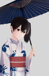 Rule 34 | brown eyes, brown hair, grey background, highres, holding, holding umbrella, japanese clothes, kaga (kancolle), kantai collection, kimono, long hair, looking at viewer, oil-paper umbrella, side ponytail, simple background, umbrella, upper body, yuu+