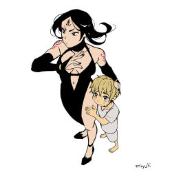Rule 34 | 1boy, 1girl, age difference, artist name, black dress, black gloves, black hair, blonde hair, breasts, bridal gauntlets, child, cleavage, commentary, curly hair, dress, elbow gloves, english commentary, floating hair, from behind, gloves, hand on another&#039;s head, helmet, long dress, majo shuukai de aimashou, medium breasts, miyuli, navel, no bra, original, plunging neckline, shoulder tattoo, side slit, signature, simple background, space helmet, standing, tattoo, tears, thigh grab, third eye, white background