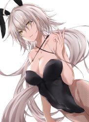 Rule 34 | 1girl, ahoge, animal ears, bare arms, bare shoulders, black leotard, breasts, brown eyes, cleavage, collarbone, commentary request, covered navel, criss-cross halter, dutch angle, fake animal ears, fate/grand order, fate (series), fishnet pantyhose, fishnets, hair between eyes, halterneck, highres, jeanne d&#039;arc (fate), jeanne d&#039;arc alter (avenger) (fate), jeanne d&#039;arc alter (fate), large breasts, leotard, long hair, pantyhose, parted lips, playboy bunny, rabbit ears, rabbit girl, silver hair, simple background, smile, solo, very long hair, white background, yuki maccha (yukimattya10)