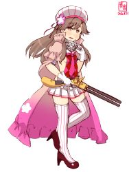 Rule 34 | 1girl, agrostemma (flower knight girl), agrostemma (flower knight girl) (cosplay), arashio (kancolle), artist logo, breasts, brown eyes, brown hair, cape, card, commentary request, cosplay, dated, flower knight girl, full body, gloves, gun, highres, kanon (kurogane knights), kantai collection, long hair, look-alike, looking at viewer, necktie, pink cape, pink necktie, pleated skirt, revision, rifle, sideboob, simple background, skirt, small breasts, solo, striped clothes, striped thighhighs, thighhighs, weapon, white background, white gloves, white skirt, white thighhighs
