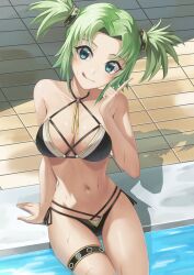 Rule 34 | 1girl, absurdres, bikini, black bikini, breasts, commentary, commission, droite (tales), english commentary, green eyes, green hair, hair rings, highres, large breasts, o-ring, pool, poolside, rourou ill, short hair, sidelocks, smile, solo, swimsuit, tales of (series), tales of vesperia, thigh ring, tongue, tongue out, twintails, water, wet
