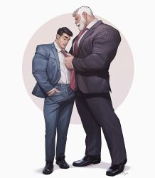 Rule 34 | 2boys, bara, beard, belt, black footwear, black hair, black jacket, black pants, blue jacket, blue pants, circle, closed eyes, collared shirt, couple, dress shoes, ear piercing, earrings, facial hair, formal, full beard, hands in pockets, highres, jacket, jewelry, large pectorals, light smile, long sleeves, looking at another, looking down, male focus, multiple boys, mustache, necktie, open clothes, open jacket, open mouth, original, pants, pectorals, piercing, red necktie, shirt, shoes, short sideburns, sideburns, silverjow, simple background, single earring, size difference, striped clothes, suit, suit jacket, vertical-striped clothes, white background, white hair, white shirt, yaoi