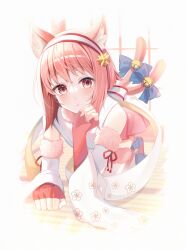 Rule 34 | 1girl, all fours, animal ear fluff, animal ears, bare shoulders, bell, blue bow, bow, cat ears, cat girl, cat tail, commentary request, detached sleeves, elbow gloves, fingerless gloves, fire emblem, fire emblem fates, floral print, fur-trimmed legwear, fur-trimmed sleeves, fur-trimmed thighhighs, fur trim, gloves, hair between eyes, hairband, highres, jingle bell, kemonomimi mode, long sleeves, looking at viewer, multiple tails, nintendo, parted lips, pink hair, pink skirt, pleated skirt, print sleeves, red eyes, red gloves, sakura (fire emblem), satoimo chika, skirt, solo, tail, tail bell, tail bow, tail ornament, thighhighs, two tails, white bow, white hairband, white sleeves, white thighhighs, wide sleeves