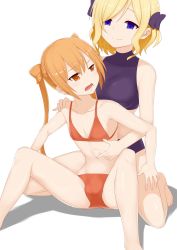 Rule 34 | 10s, 1boy, 1girl, absurdres, bikini, blonde hair, blue bikini, blue bow, blue eyes, bow, breasts, brown eyes, brown hair, bulge, copyright request, crossdressing, hair bow, hand on another&#039;s shoulder, highres, himegoto, kneeling, male focus, matching hair/eyes, multiple boys, navel, oda mitsunaga, open mouth, penis in swimsuit, purple bikini, red bikini, s1mple background, shadow, sitting, smile, spread legs, swimsuit, toyotomi hiro, trap, twintails, white background