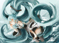 Rule 34 | 1girl, 39, aqua eyes, aqua hair, boots, cloud, day, detached sleeves, closed eyes, hatsune miku, long hair, matchazi, necktie, skirt, sky, smile, solo, thigh boots, thighhighs, twintails, very long hair, vocaloid