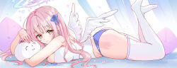 Rule 34 | 1girl, absurdres, ash (cat7evy), ass, blue archive, blue panties, breasts, camisole, cushion, feathered wings, feet up, hair ribbon, halo, highres, large breasts, looking at viewer, lying, mika (blue archive), on stomach, panties, pink hair, ribbon, solo, thighhighs, underwear, white camisole, white thighhighs, white wings, wings