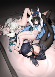 Rule 34 | 3girls, akira (blue archive), animal ear fluff, animal ears, ass, barefoot, black eyes, black hair, black jacket, black pantyhose, black sailor collar, blue archive, blue halo, blue neckerchief, breasts, cat ears, cat tail, colored inner hair, extra ears, eyeliner, frilled sleeves, frills, gloves, hair ornament, hairclip, halo, haori, highres, hood, hood down, hooded jacket, indoors, jacket, japanese clothes, kazusa (blue archive), kikyou (blue archive), large breasts, long hair, long sleeves, makeup, multicolored hair, multiple girls, multiple tails, navel, neckerchief, panties, pantyhose, pink hair, pink halo, red eyeliner, red eyes, sailor collar, school uniform, serafuku, shirt, short hair, sunkilow, tail, toes, two tails, underwear, white gloves, white hair, white panties, white shirt