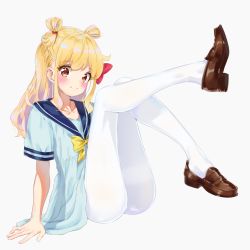 Rule 34 | 1girl, aikatsu! (series), aikatsu stars!, ass, blonde hair, blue dress, blue sailor collar, blush, bow, brown eyes, brown footwear, closed mouth, collarbone, commentary, dress, full body, grey background, gun, hair bow, hair rings, k mugura, knee up, leg up, loafers, long hair, nijino yume, pantyhose, red bow, sailor collar, sailor dress, shoes, short sleeves, sidelocks, simple background, smile, solo, symbol-only commentary, weapon, white pantyhose, yellow bow
