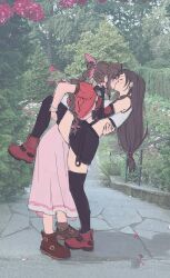 2girls aerith_gainsborough black_gloves black_skirt black_thighhighs blush boots braid brown_footwear brown_hair bush closed_eyes commentary dress elbow_gloves english_commentary final_fantasy final_fantasy_vii final_fantasy_vii_remake fingerless_gloves flower garden gloves hair_ribbon hand_on_another&#039;s_neck hand_on_another&#039;s_waist highres jacket kiss long_hair low-tied_long_hair multiple_girls outdoors photo-referenced photo_background pink_dress pink_ribbon railing red_flower red_footwear red_jacket ribbon sapphicroth short_sleeves single_braid skirt stairs thighhighs tifa_lockhart yuri