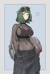 Rule 34 | 1girl, absurdres, azz0422, bag, bodystocking, breasts, cleavage, commission, covered navel, cowboy shot, duffel bag, goggles, goggles on head, green hair, half-closed eyes, hands in pockets, heart, highres, large breasts, looking at viewer, medium hair, orange eyes, solo, tank top