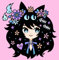Rule 34 | 1girl, animal ears, black hair, blue choker, blue eyes, blue flower, blush stickers, bright pupils, cat ears, choker, closed mouth, commentary request, cropped torso, crown, dot nose, extra eyes, fish skeleton, flower, garouma, hair flower, hair ornament, heart, highres, hitodama, long hair, orange flower, original, pink background, pink flower, purple flower, ribbon choker, sideways glance, signature, simple background, smile, solo, straight-on, white pupils